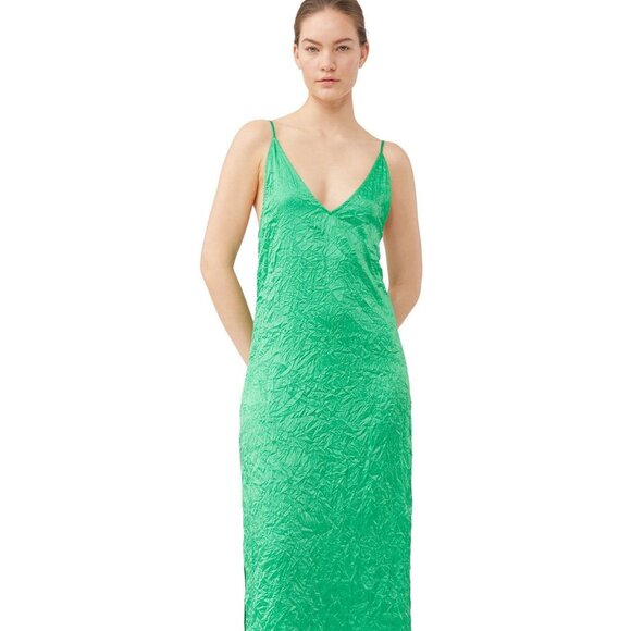 Ganni Crinkled Satin Slip Dress In Bright Green - Picture 4 of 4